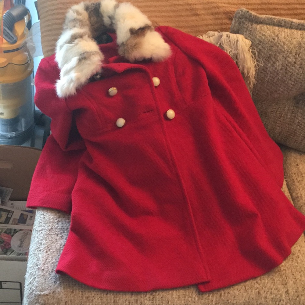 Red coat with rabbit fur collar